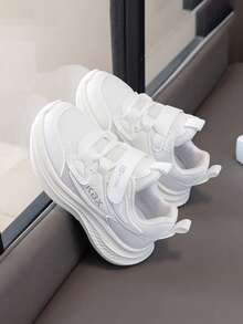 Kids' Breathable Mesh Hook And Loop White Sneakers, Lightweight Soft-Soled Athletic Shoes For Boys And Girls, Versatile Running Shoes For School. - White - View 6