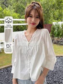 Blusa Con Botones Frontales, Manga Abullonada Y Detalle De Encaje - Rosa - Ver 2