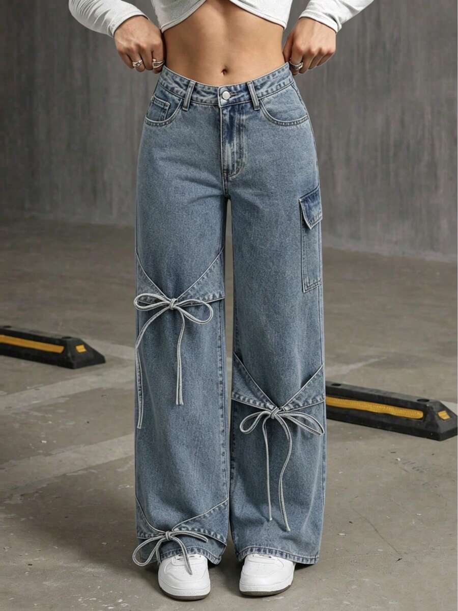 Fashionable Women's Casual Loose Fit Jeans With Bow Tie Decor Fall - Blue - View 1