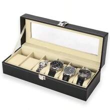 Kotak Display Jam Tangan Kulit PU Klasik Mewah 6 Slot | Kotak Penyimpanan Koleksi Jam Tangan Pria dengan Tutup Kaca Transparan dan Lapisan Beludru, Cocok untuk Pajangan, Hadiah Ideal untuk Pecinta Jam Tangan - Hitam - View 7