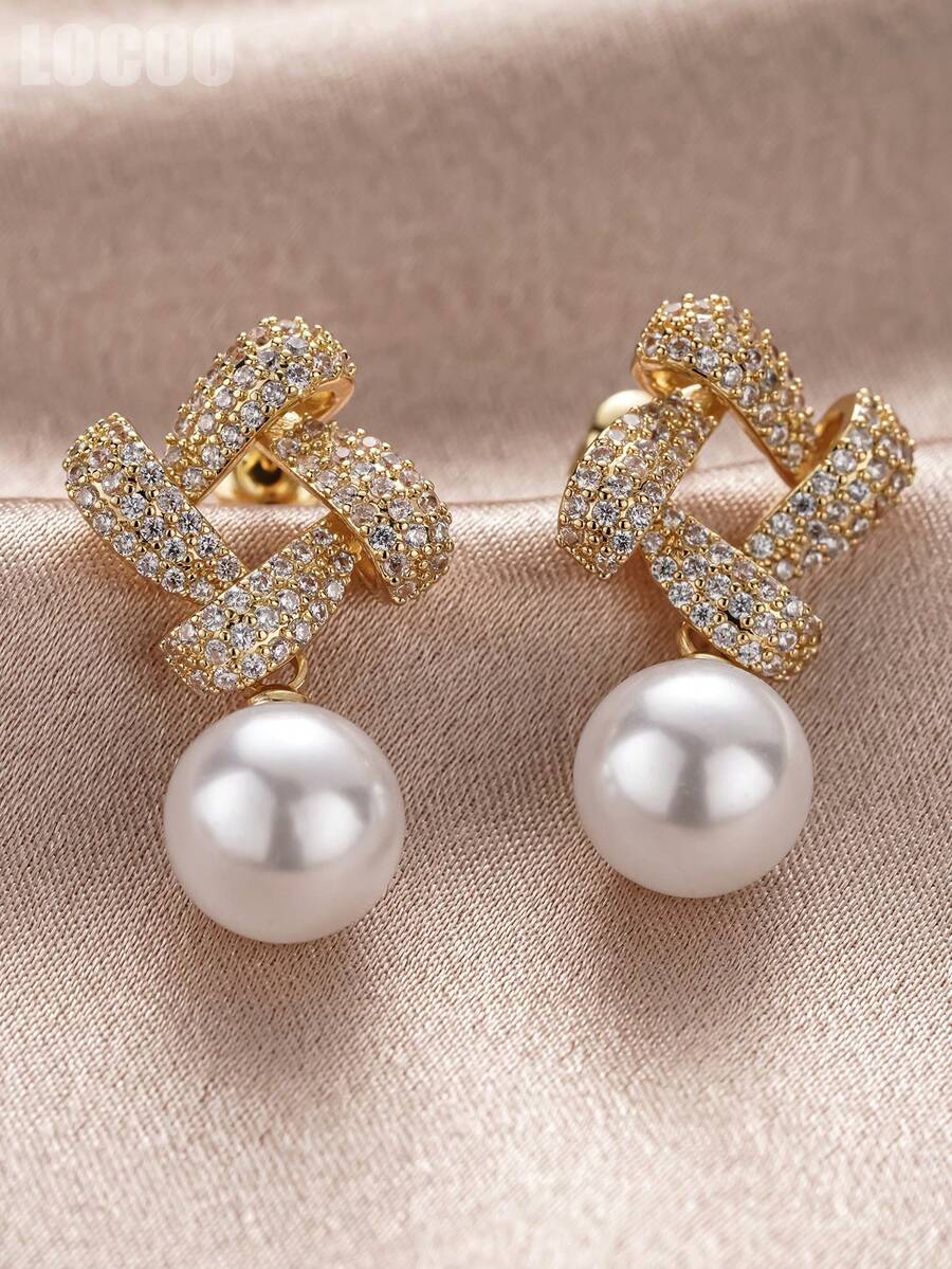 1 Pair Beautiful Cubic Zirconia & Faux Pearl Earrings, Designed For Women, Suitable For Wedding, Engagement, Anniversary Party, Valentine's Day Gift - 1# - View 1