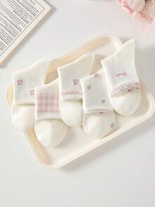 4/5Pairs Women's Solid Color, Ruffle Trim, Cable Knit Print Crew Socks Mid-Calf Socks, Soft And Comfortable, Suitable For All Seasons, Random Colors - Multicolor - View 5