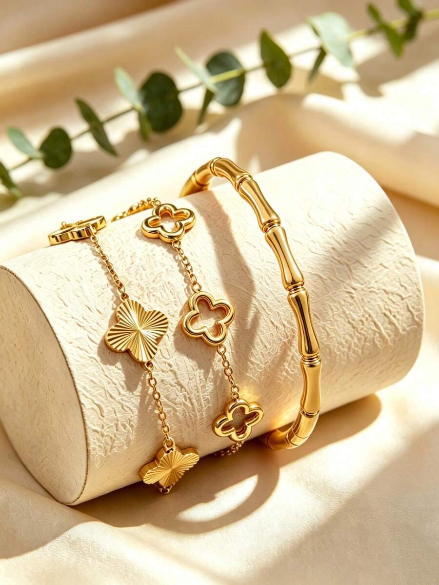 VceTd 3PCS Women's Minimalist Style Multi-Color Enamel Bamboo Knot & Flower Design Stainless Steel Fashion Bracelet Set, Suitable For Daily Commute, Outings, Vacations Or Anniversary Gift For Female Friends - Yellow Gold - View 1