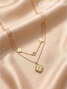 Camhanno 2 buah Kalung Wanita Stainless Steel Berlapis Emas 18K Anti Pudar, Desain Unik Bentuk Daun Semanggi Empat, Indah dan Tahan Lama, Cocok untuk Perjalanan Sehari-hari, Tahan Gores dan Aus, Rantai Tulang Selangka untuk Dipadukan - Emas - View 2