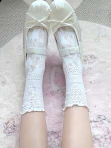 1 Pair Women's Sweet Ballet Style Ruffled Calf Socks, Summer Thin Breathable Hollow Mesh Lace Trim Lolita Short Socks - Multicolor - View 5