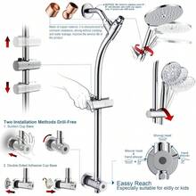 Combo de cabezal de ducha de 3 vas de alta presin con barra deslizante ajustable de acero inoxidable sin taladro de 26 pulgadas, cabezal de ducha de mano de 10 modos y cabezal de ducha de lluvia de - Barra deslizante ajustable - Ver 3