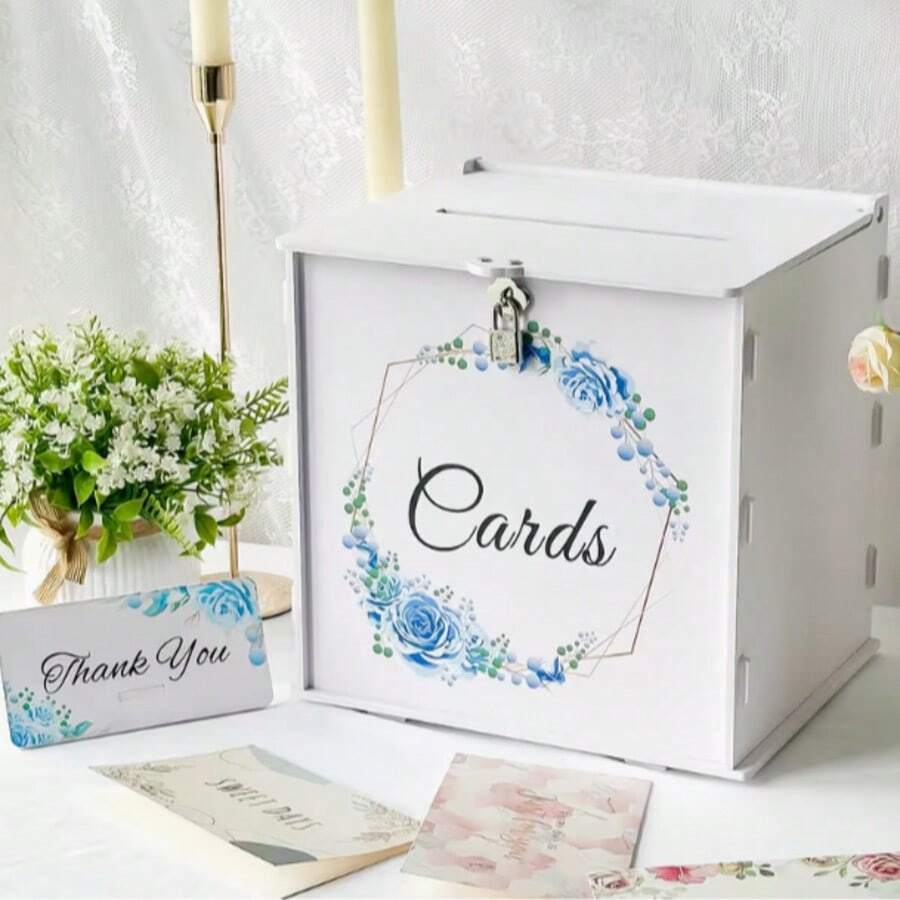 Outdoor Holiday Decor White Wedding Card Box With Lock, Acrylic Gift Card Box With Blue Floral Wreath, Wedding Reception Decoration, Graduation Birthday Bride Shower Party Decor Wallet Gift Box - 1PC - View 1