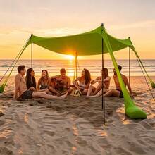 Green Family Beach Sun Shelter Tent With Support Stability Poles, Outdoor Sun Protection Canopy, Portable Shade Pavilion, Suitable For Beach Camping Picnic Backyard Party Garden Use - 1pc - View 1