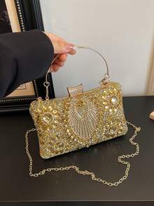 Women's Evening Clutch Bag, Hard Shell Square Box Bag With Floral Rhinestone Pattern, Top Handle And Detachable Chain Shoulder Strap, Suitable For Weddings, Balls And Banquets - Gold - View 4