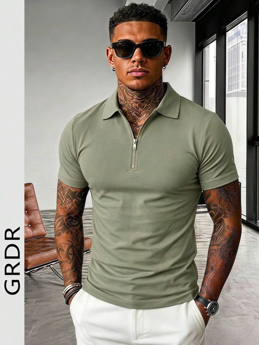 GRDR Men's Solid Color Short Sleeve Zipper Design Casual Versatile T-Shirt