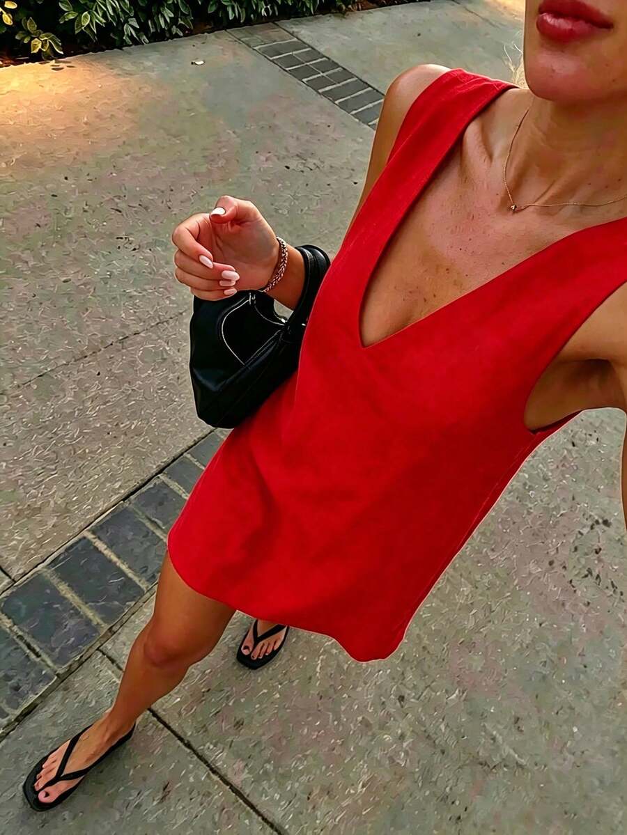 Vuslat Women's Sleeveless V-Neck Dress, Solid Color, Linen-Like Fabric, Elegant And Woven, Casual, Suitable For The Beach, Parties, Weddings, Vacations And Birthday Parties - 紅色 - 查看 1
