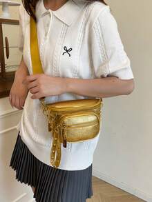 2026 Women's One Shoulder Chest Bag Korean Style Multi-Color Dual Compartment Crossbody Camera Bag Rivet Design - Gold - View 2