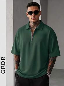 GRDR 男士夏季半拉鍊 Polo 短袖 T 恤，純色經典款，適合戶外休閒穿著 - 墨綠色 - 查看 5