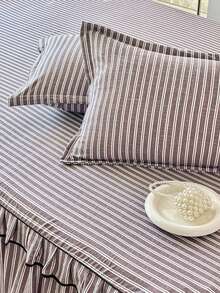 2-Color Striped Pattern Double Layer Ruffle Bed Skirt 3 Pieces Set Including 1 Bed Skirt And 2 Pillowcases, Elegant Fresh Pastoral Style, Suitable For Double Bed And Single Bed, Bedroom Bedding Bed Sheets, Multiple Size Options, All Season Use - Lilac Purple - View 6