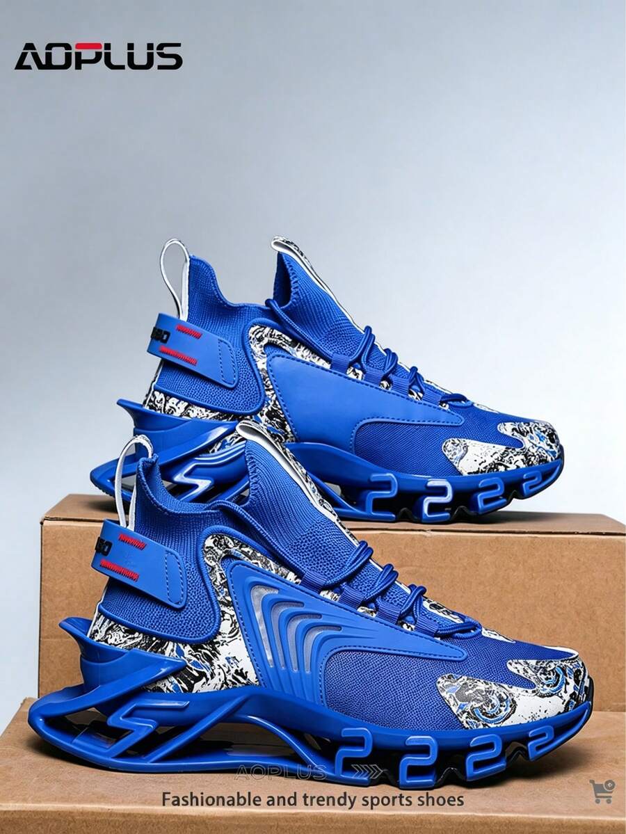 AoPlus Athletic Running Shoes, Mesh Knit Design, Royal Blue With White Pattern, Geometric Sole