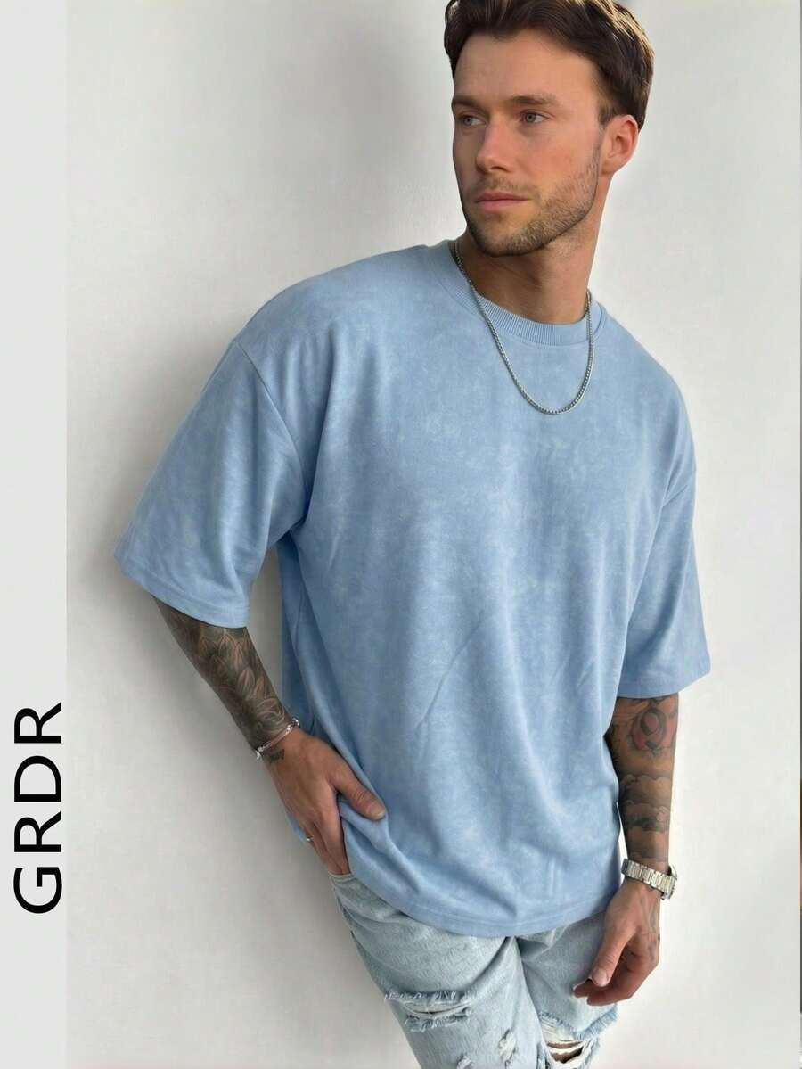 GRDR Kaos Lengan Pendek Pria Gaya Retro Minimalis Warna Polos, Nyaman & Bernapas, Cocok untuk Musim Panas, Tren Fesyen Terkini - Dusty Blue - View 1