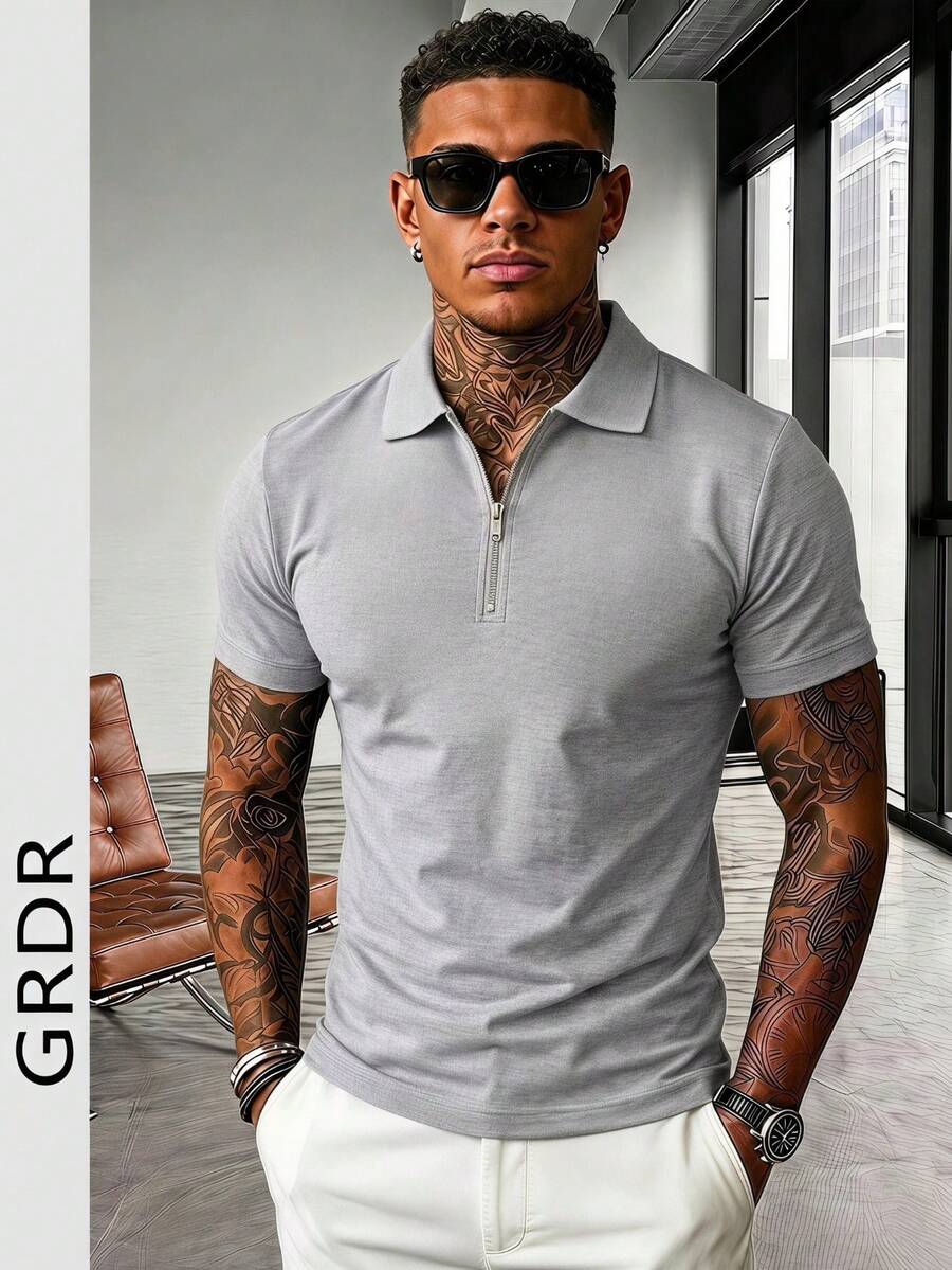 GRDR Men's Solid Color Short Sleeve Zipper Design Casual Versatile T-Shirt