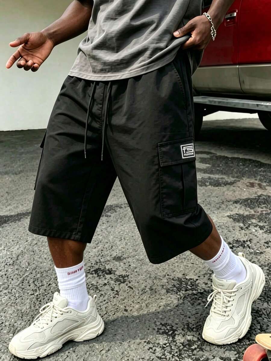Drawstring Elastic Waist Big Pocket Mid-Length Cargo Shorts, Suitable For Daily Wear And Sports, Black - Black - View 1
