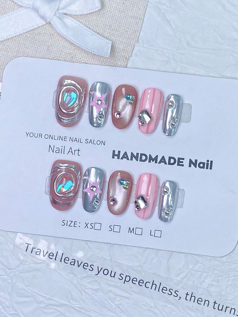 10Pcs Handmade Short Square Press On Nails, Nude Pink & Silver Mirror Contrast Striped Nail With 3D Pink Star, Iridescent Oval Gem & Silver Metal Stud Decor Reusable Fake Nails With Nail Kit For Y2K Punk Street Style - Multicolor - View 1