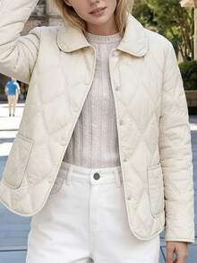 Women's White Quilted Diamond Pattern Thick Loose Winter Coat, Autumn Commute - White - View 3