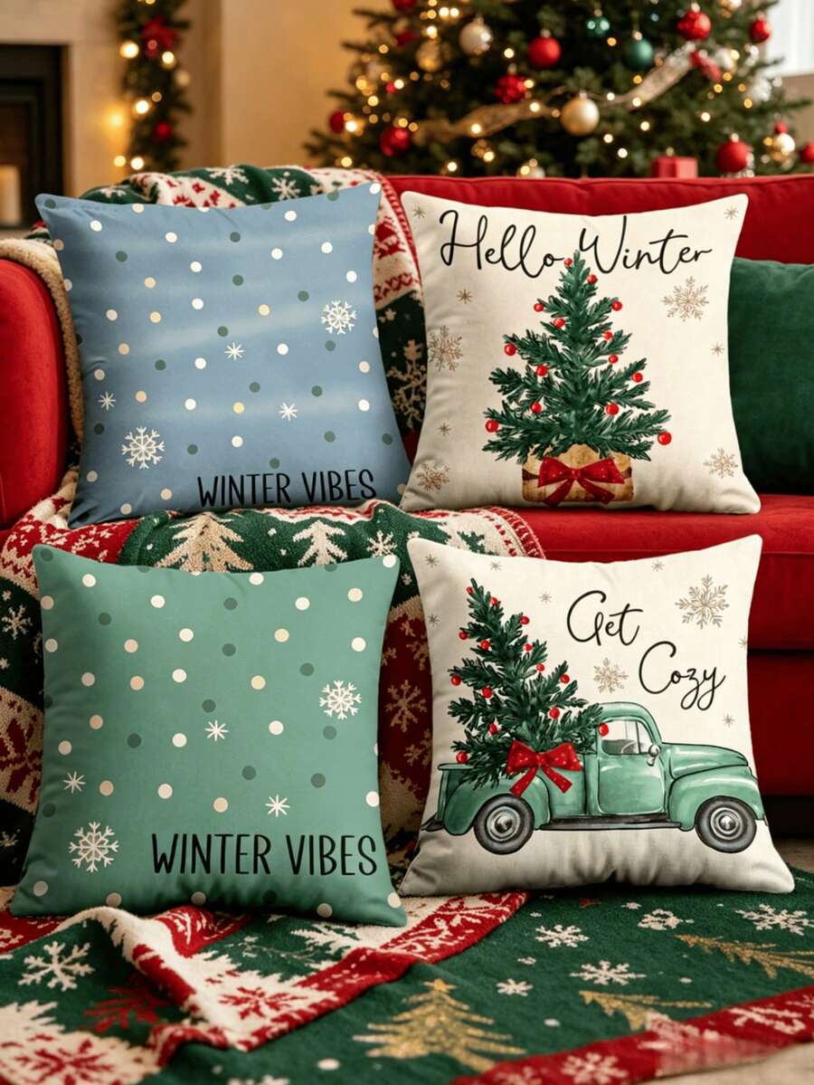1/4 Stücke neue Weihnachtsmuster Kissenbezüge, weihnachtlich thematisierte Zierkissenbezüge, dekorative Kissenbezüge, quadratische Kissenbezüge, Weihnachtsdekoration, geeignet für Wohnzimmer, Sofa und Schlafzimmer Partydekoration, Kissenfüllung nicht enthalten 18x18 Zoll - Verschiedenfarbig - Übersicht 1