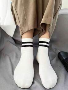 Striped Mid-Calf Socks, Comfortable And Breathable, Unisex Long Socks, White, Suitable For Daily, Sports, Autumn Wear - Multicolor - View 3