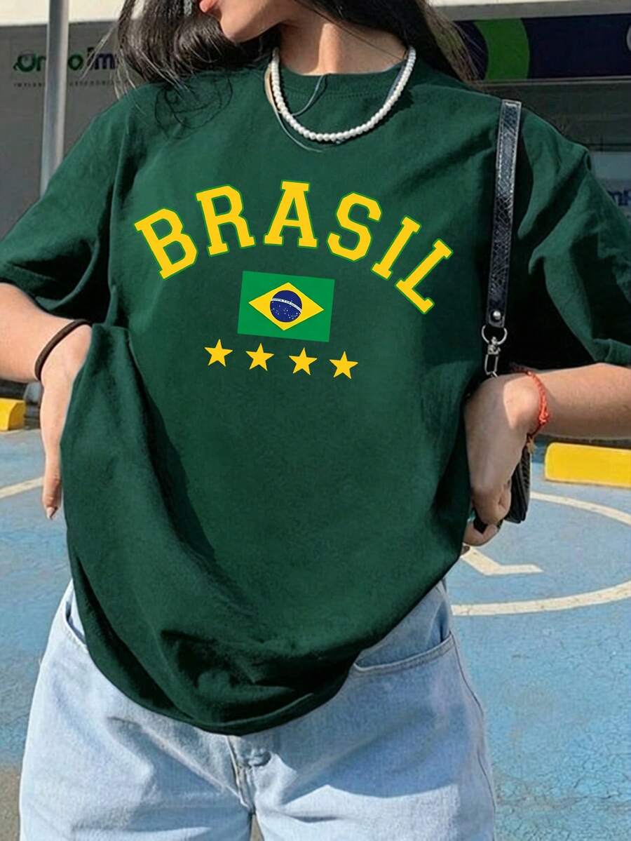 1 pieza Camiseta holgada y cómoda con estampado de la bandera de Brasil para mujer, top Y2K Blokecore de manga corta y cuello redondo, adecuada para deportes, vacaciones y atuendos casuales de calle - Verde Oscuro - Ver 1