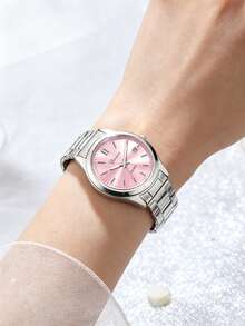 Reloj de cuarzo redondo de acero inoxidable plateado, esfera rosa, diseño de estrella, con calendario, regalo de cumpleaños, versátil para uso diario, regreso a la escuela - Plateado - Ver 4