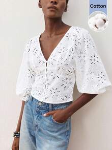 Maija Blusa casual de playa de vacaciones con cuello en V y botones delanteros para mujer, blusa de estilo hawaiano con mangas de farol, ajuste ceñid - Albaricoque - Ver 8