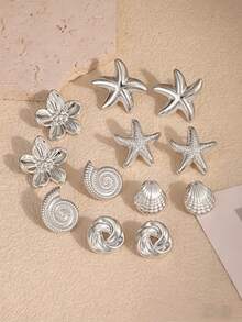1/6 pares de pendientes para mujer con forma de estrella de mar, concha, caracola, flor de cinco pétalos y espiral infinito, chapados en plata, accesorios de playa y océano, joyería de verano para mujer, pendientes de plata - Plata Gris - Ver 3