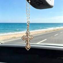 Rhinestone Hollow Cross Car Hanging Ornament Clear Crystal Bead Chain Rearview Mirror Pendant Golden Religious Cross Suncatcher Auto Interior Decor Gift - Carved Cross Car Pendant - View 1