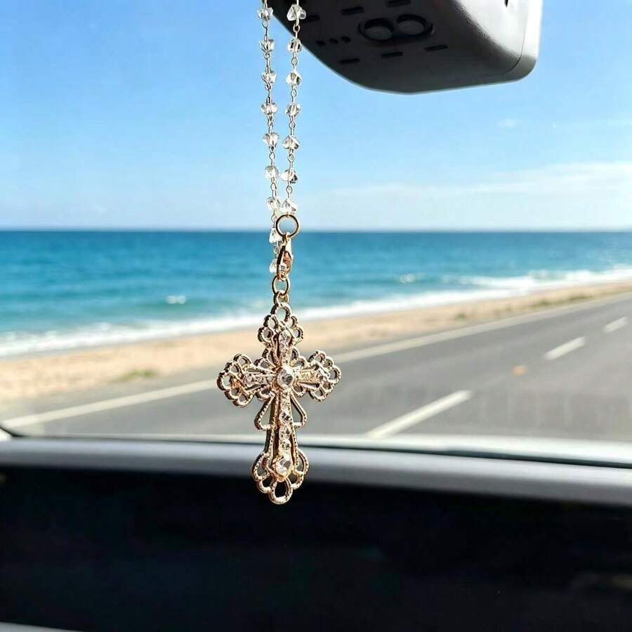 Rhinestone Hollow Cross Car Hanging Ornament Clear Crystal Bead Chain Rearview Mirror Pendant Golden Religious Cross Suncatcher Auto Interior Decor Gift - Carved Cross Car Pendant - View 1