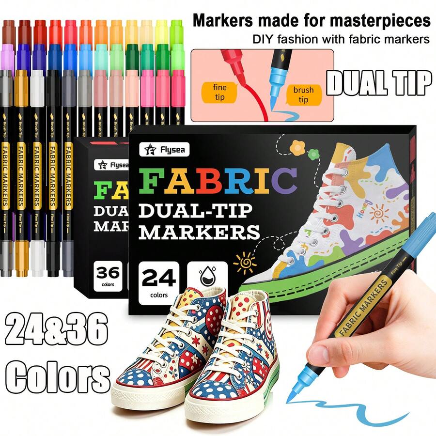 Flysea 24/36 Colors Fabric Marker Set, Dual-Tip Markers For Clothes, Textiles, T-Shirts, Canvas Bags, Hats, DIY Crafts And Apparel, Back To School - Double-ended Fabric Marker (set) - View 1