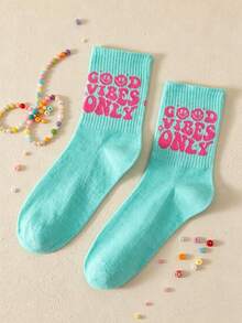 1雙女款卡通笑臉與「Good Vibes Only」字母印花青綠色中筒襪 - 藍色 - 查看 4