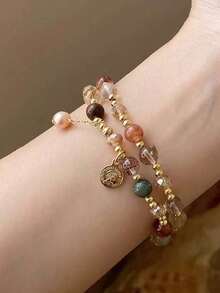 1pc Vintage Double Layer Crystal Pearl Beaded Women's Bracelet, Stone Bead Wrap Bracelet Jewelry Gift (Bead Color Random) - Multicolor - View 7