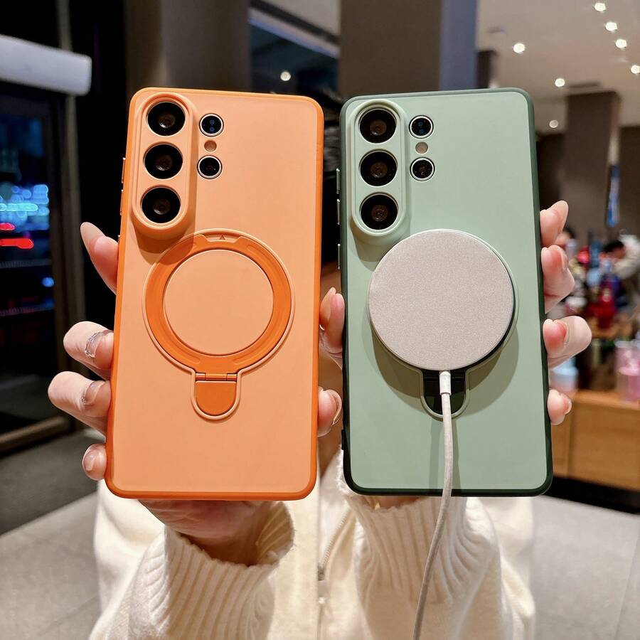 Funda Magnética para Teléfono S26ultra, S25 con Bordes Antideslizantes de Contraste de Color, A57 Funda Protectora de Cobertura Total con Soporte Anticaídas - borde antideslizante naranja + soporte - Ver 1