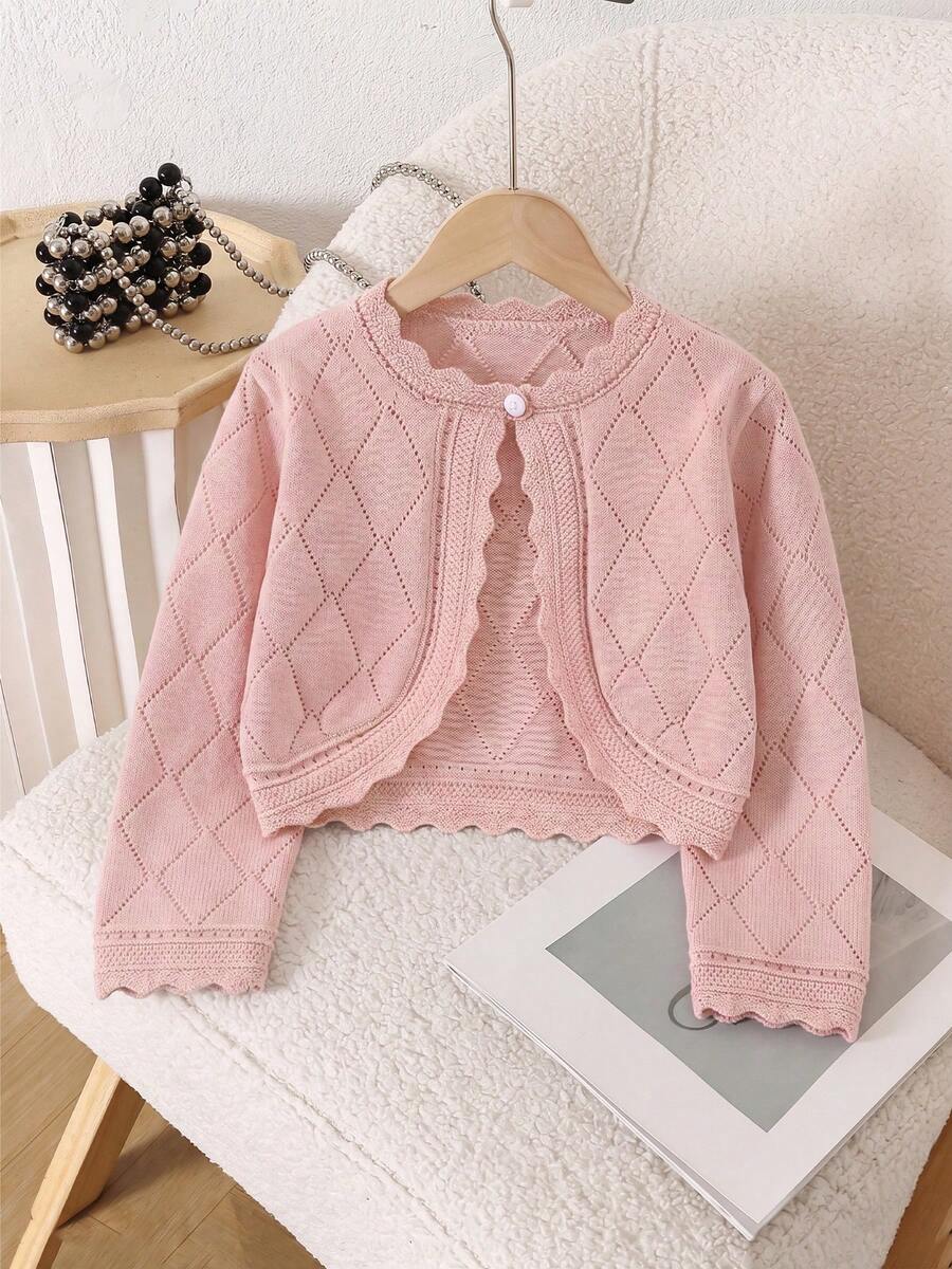 Girls' Spring Elegant Hollow Design Argyle Pattern + Lace Trim Knit Cardigan, Soft And Sweet, Suitable For Daily Wear Or Outings - Pink - View 1