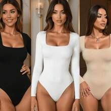 KIT 3 Body Feminino Suplex Manga longa Decote Quadrado Tamanho Único Confortável - Preto / Branco / Nude - Visão 5