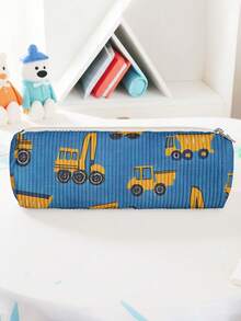 1pc Work Car Print Corduroy Cylindrical Zipper Pencil Case, Large Capacity Multi-Function Storage Bag, Suitable For Stationery, Cosmetics And Travel Essentials - Multicolor - View 2