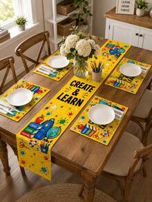 1 pieza - Juego de camino de mesa y manteles individuales de vuelta al colegio, decoración de mesa de lino amarillo Create & Learn con mochila, libros, pintura, lápices y manzana para fiesta temática de estudio para niños, aula y comedor de cocina - Multicolor - Ver 5