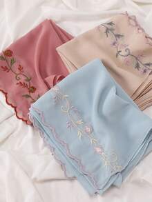 1 pieza Pañuelo elegante de encaje y gasa azul cielo con bordado floral, adecuado para el uso diario de mujeres musulmanas - Azul cielo - Ver 5