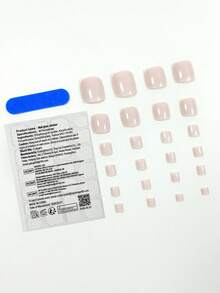 24入組簡約淺粉色方形假腳趾甲，附1pc指甲檔和1pc果凍膠黏貼指甲指甲用品 - 淺粉色 - 查看 2