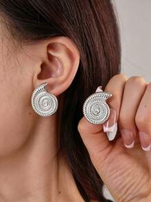 3/9 Pairs Large C-Shape/Starfish/Shell Shaped Silver-Plated Women's Earrings Set, Suitable For Beach Vacation And Daily Wear - Silver Gray - View 4