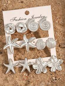 1/6 pares de pendientes para mujer con forma de estrella de mar, concha, caracola, flor de cinco pétalos y espiral infinito, chapados en plata, accesorios de playa y océano, joyería de verano para mujer, pendientes de plata - Plata Gris - Ver 12