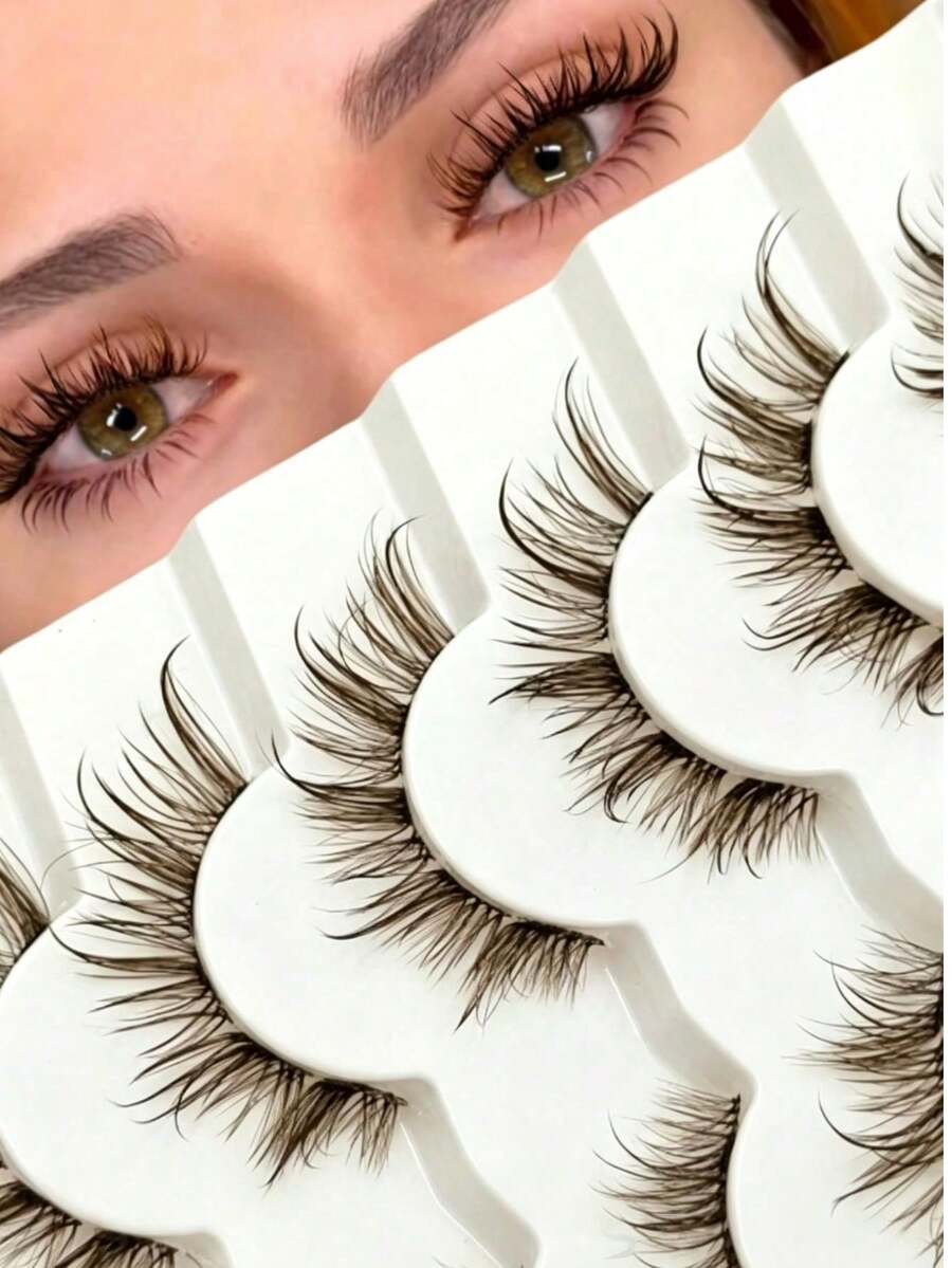 6 pares de pestañas postizas de aspecto húmedo marrón, banda transparente, esponjosas reutilizables, extensibles, para maquillaje dramático rizado y ligero, herramientas de maquillaje - Marrón - Ver 1