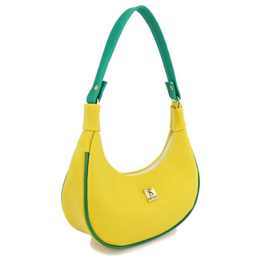 Women's Half-Moon Tote Shoulder Bag, Small, Sophisticated, Minimalist, Soft Leather - 黃色 - 查看 1