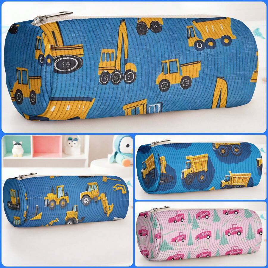 1pc Work Car Print Corduroy Cylindrical Zipper Pencil Case, Large Capacity Multi-Function Storage Bag, Suitable For Stationery, Cosmetics And Travel Essentials - Multicolor - View 1