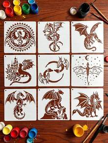 16PCS Hollow Dragon Pattern Stencils DIY For Wood, Ceramic, Fabric, Scrapbook, Gift Box Decoration, Reusable Spray Painting Printing Tool - Alien Dragon - View 4