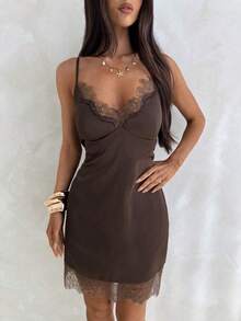 Nuevo elegante y sexy vestido de satén marrón con ribete de encaje, adecuado para festivales de música, fiestas y bodas en primavera/verano - Albaricoque - Ver 5