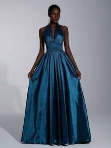 Elitara Elegante, romántico, minimalista, de moda, digno, verde oliva, tela de punto, cuello halter, espalda abierta, falda extra grande, con cola, d - Café integral - Ver 6